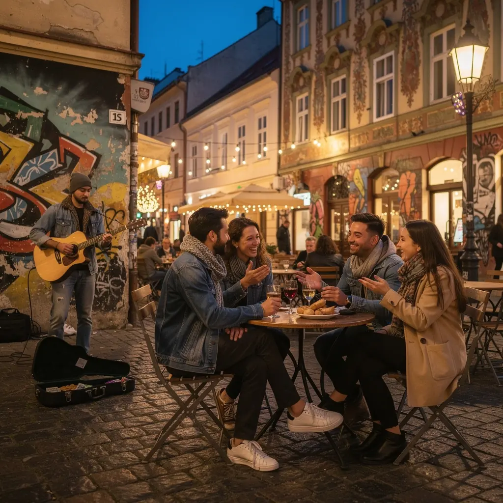 Aerial view of a historic square in Slovakia, showcasing beautiful architecture and vibrant outdoor cafes.