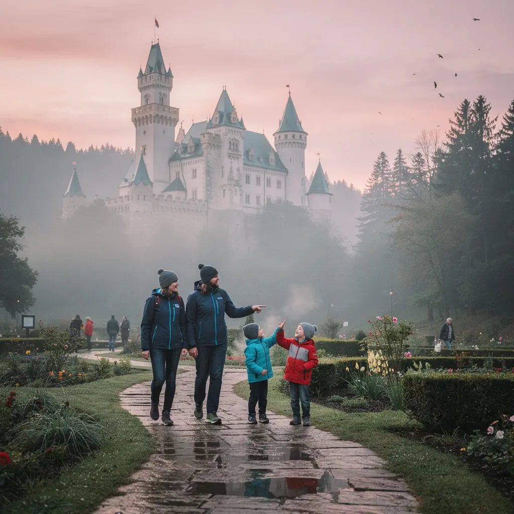 Tourists exploring a bustling market square, surrounded by charming old buildings and lively street performers.