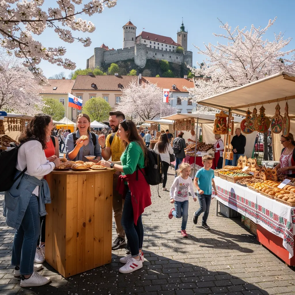 A serene park in the heart of a Slovak city, featuring sculptures and pathways that invite leisurely strolls.