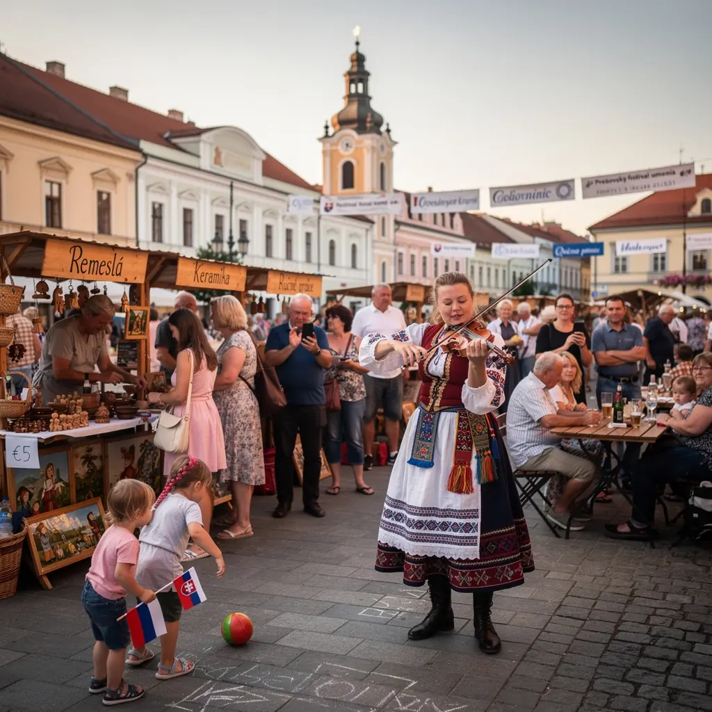 Sunset illuminating the skyline of a Slovak city, highlighting the blend of modern and historical architecture.